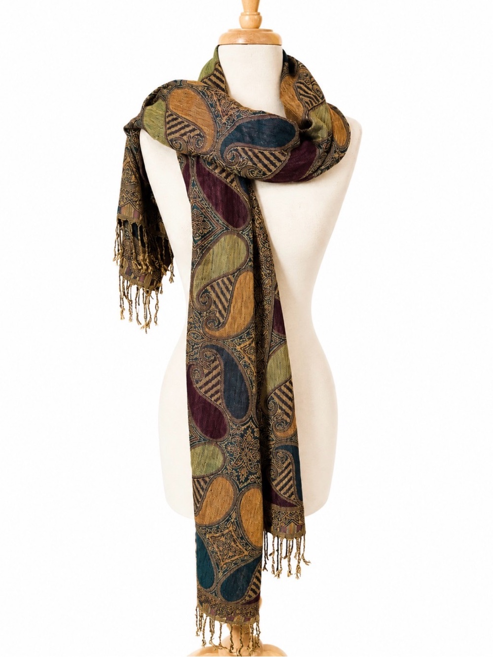 Oversized Paisley Tapestry Scarf Shawl Wrap Fringe Teal Burgundy Gold 74” x 28”
